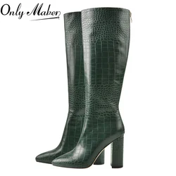 Onlymaker Women Green Knee High Boots Pointed Toe Western Cowboy Boots Wide Calf  Block Heel Pull-On Cowgirl Booties