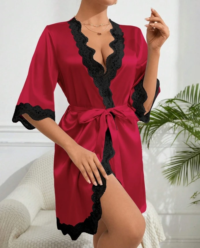 Women's Fashion Casual Mini Pajamas Home Clothing Satin Lace-Trim Robes Bride Bridesmaid Tied Detail Sleepwear for Women image 4