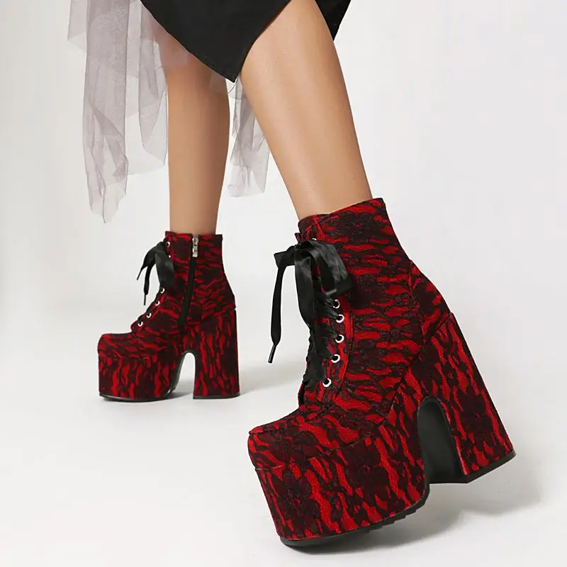 

ORCHA LISA Punk Women Ankle Boots Round Toe Block Heel 14cm Platform Hill 7cm Lace Up Mixed Color Big Size 41 42 43 US11 Booties