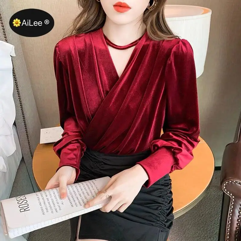 Women Winter Golden Velvet Warm Tops Pullovers Blouse V Neck Wine Red Long Sleeve Korean Fashion Blouse Shirts For Office Work