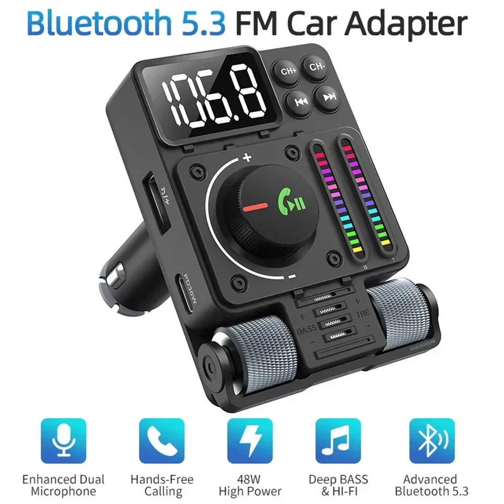 Bluetooth 5.3 FM Transmitter for Car Stronger Dual Mics Deep Bass Sound 30W PD&QC3.0 Fast Car Charger Bluetooth Adapter