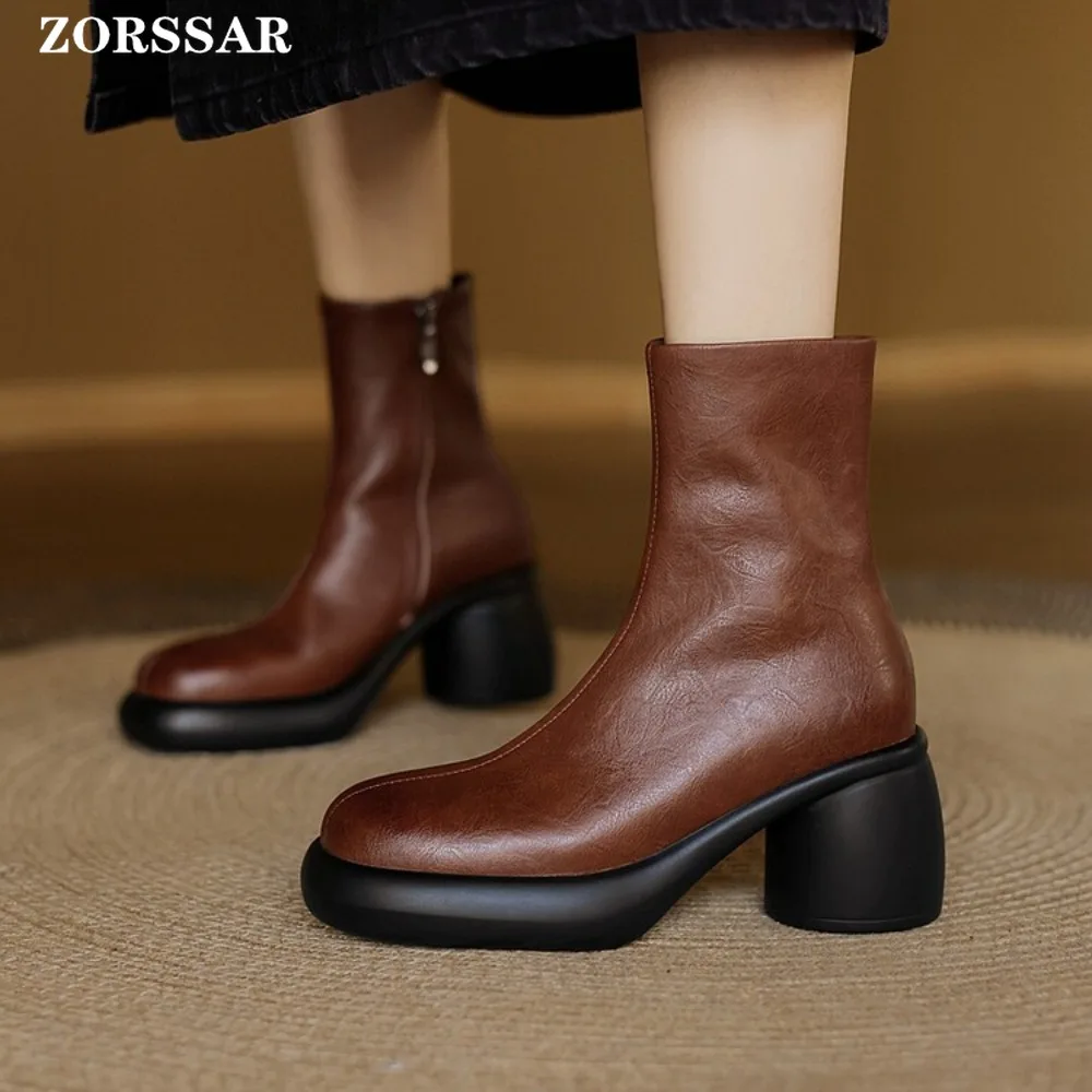 

2025 New Women's Short Boots Genuine Leather Chunky Heel High Heel Boots Female Large Size Brown and Black Women Ankle Boots