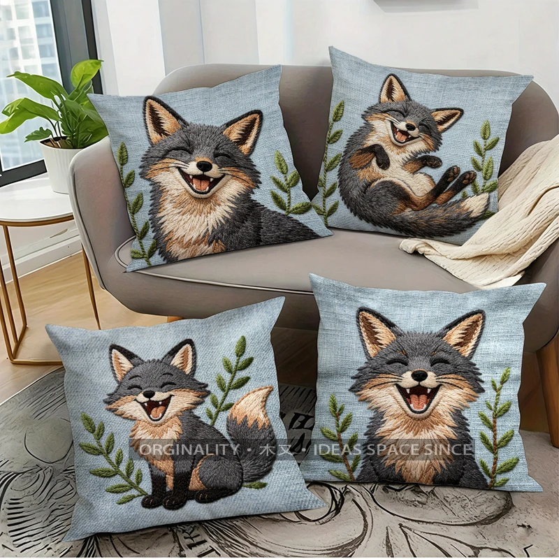 Cute Laughing Fox Embroidery Style Throw Pillow Covers Pattern Cushion Cover Suitable for Sofa Bedroom Car Pillow Cover