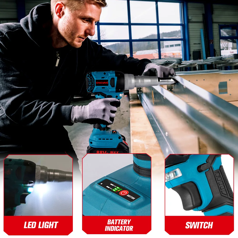 ONEVAN 20000N 720W Brushless ไฟฟ้า Rivet Gun 2.4 ~ 5.0 มม.ไร้สาย Rivet Nut Gun เจาะเครื่องมือสําหรับ Makita 18V แบตเตอรี่ pin