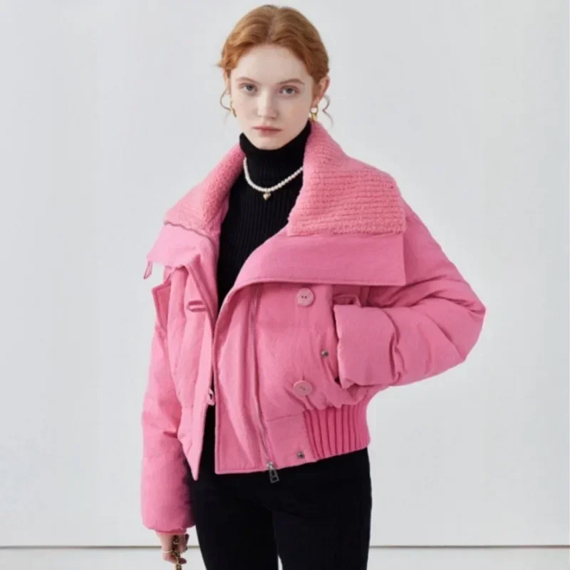 

Chic Design Cropped Jacket Winter Short Puffer Jacket Women Clothing Down Cotton Coats Warm Knit Big Collar Coat Bread Jackets