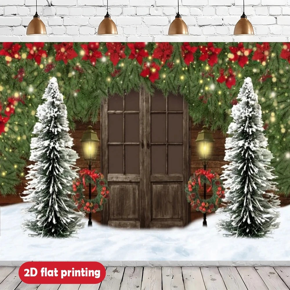 1pc Christmas Backdrop Banner: Festive Wooden Door, Wooden Door, Trees, Wreaths, Snow, Outdoor Xmas Decor, Photo Props