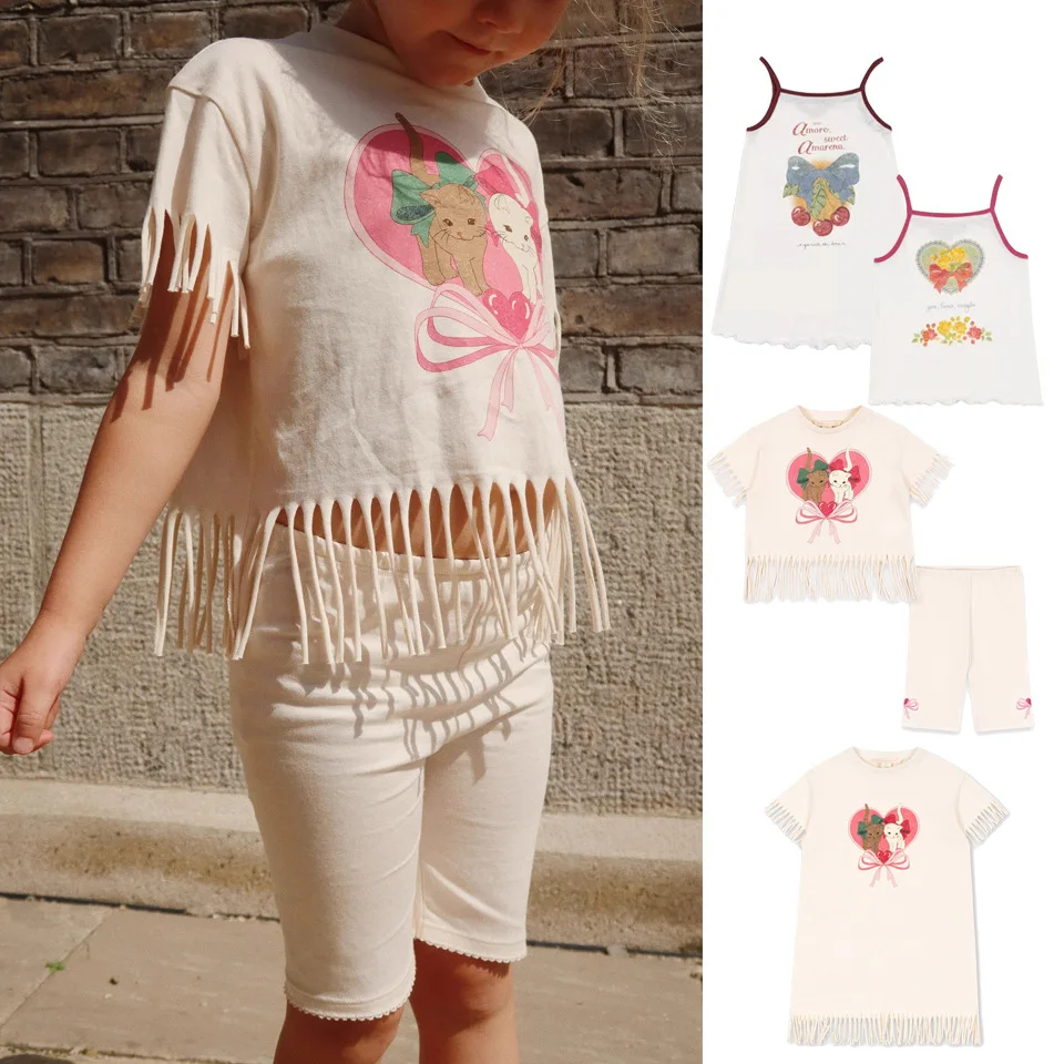

Girls Dress 2025 Summer New Printing Fashion Tassel Children's Dress Cotton Cute Sweet T-shirt Shorts Suit Children's Clothing