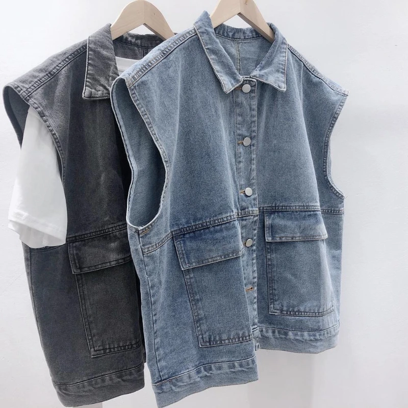 Jaket rompi Denim tanpa lengan untuk wanita, jaket Denim bergaya BF Retro, atasan kargo tanpa lengan kasual serbaguna Jepang untuk wanita