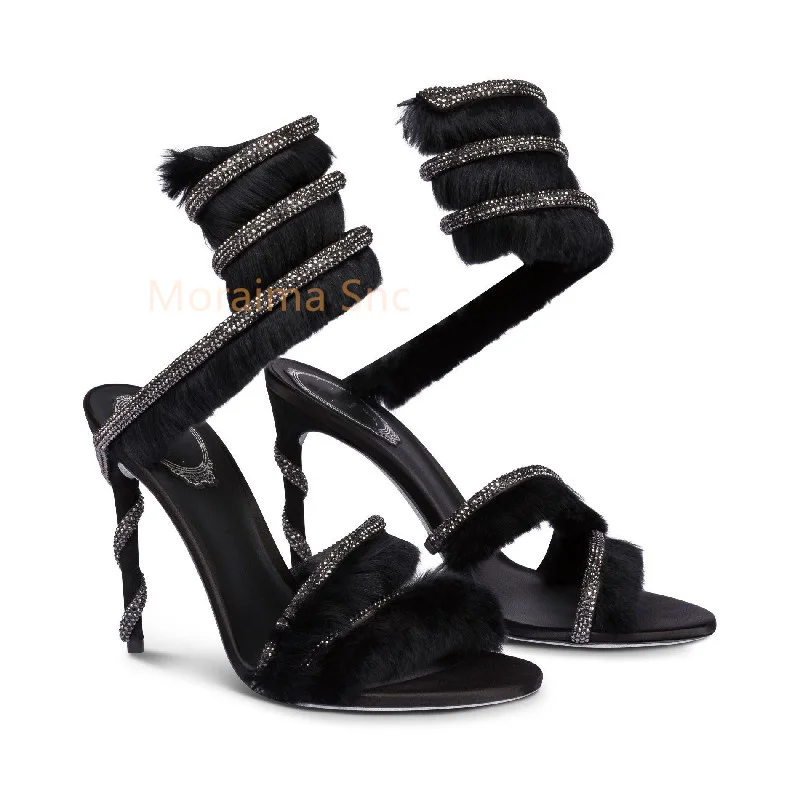 

Wedding Shoes for Bride Luxury Rhinestone Faux Fur Women's Shoes Party Banquet Stiletto High-Heels Sexy Snake Wrap Strap Sandals