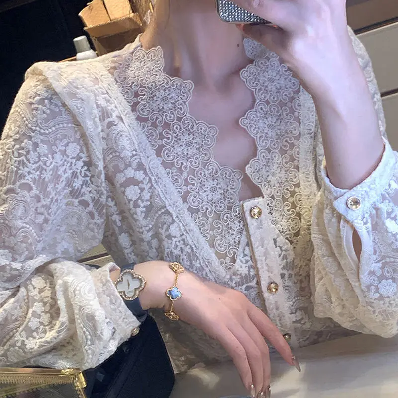 2022 New Summer Temperament V-neck Puff Sleeves Lace Shirts Apricot Thin Sexy Slim Button Blouses Korean Fashion Women Clothing