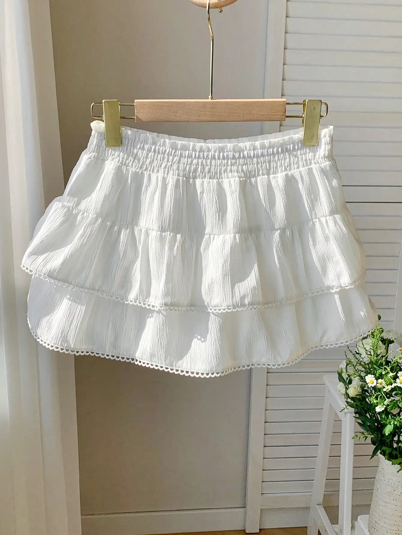 Jupes-shorts confortables pour femmes, jupe trapèze tissée blanche pour Concert de campagne, taille élastique, ourlet à volants