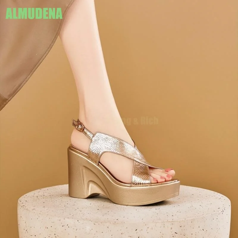 Women's Shiny GoldCrisscross Slingback Wedge Sandals Open ToeAnkle Buckle Thick Platform Heel Beach Casual Streetwear Footwea