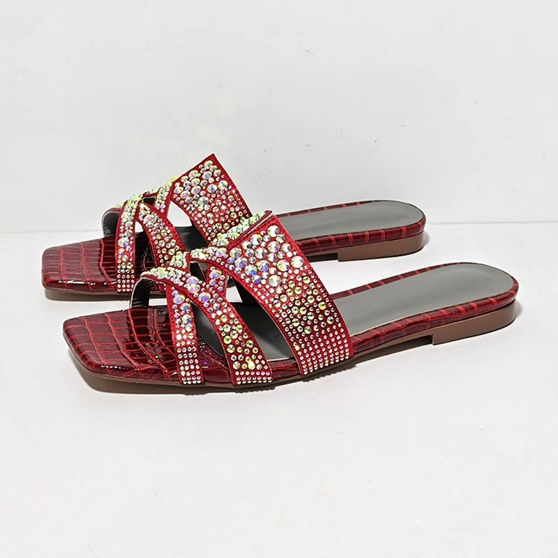 لامعة حجر الراين نعال مسطحة المرأة ساحة تو قدس الصنادل كسول الصيف شباشب على الموضة في الهواء الطلق عطلة أحذية الشاطئ #1