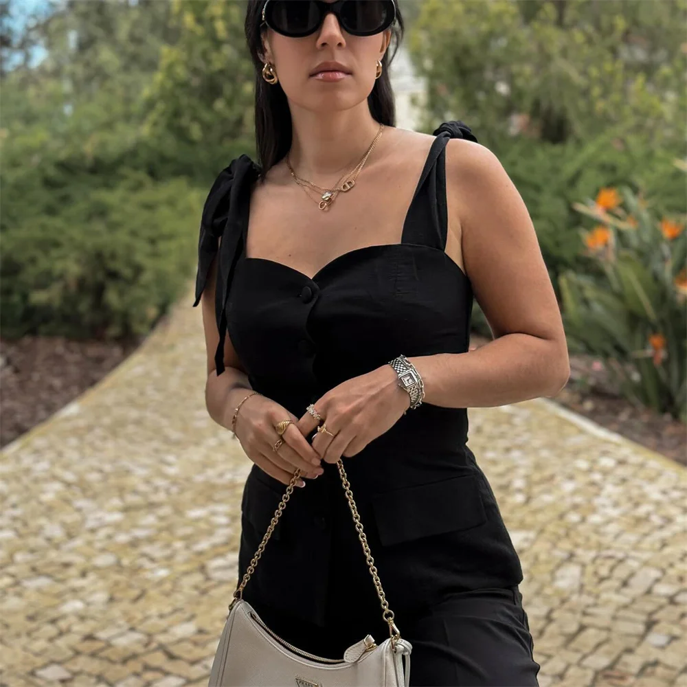 여름 신상품 여성 빈티지 보타이 슬림핏 솔리드 컬러 스퀘어넥 슬리브리스 탑