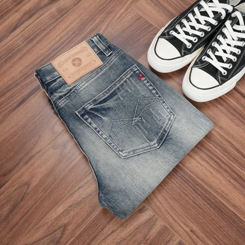 

New autumn fashion trendy men's washed denim jeans, vintage blue, mid-waist, slim fit, straight cut, distressed men's pants