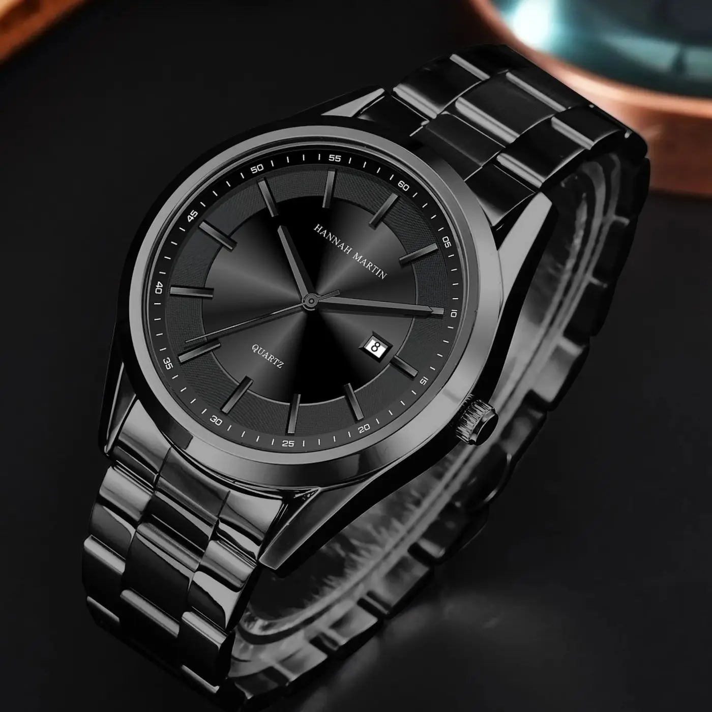 ساعة رجالية جديدة لعام 2025 مصنوعة من الفولاذ المقاوم للصدأ باللون الأسود على طراز الأعمال ماركة هانا مارتن الأصلية بحركة يابانية ساعة يد رياضية كوارتز