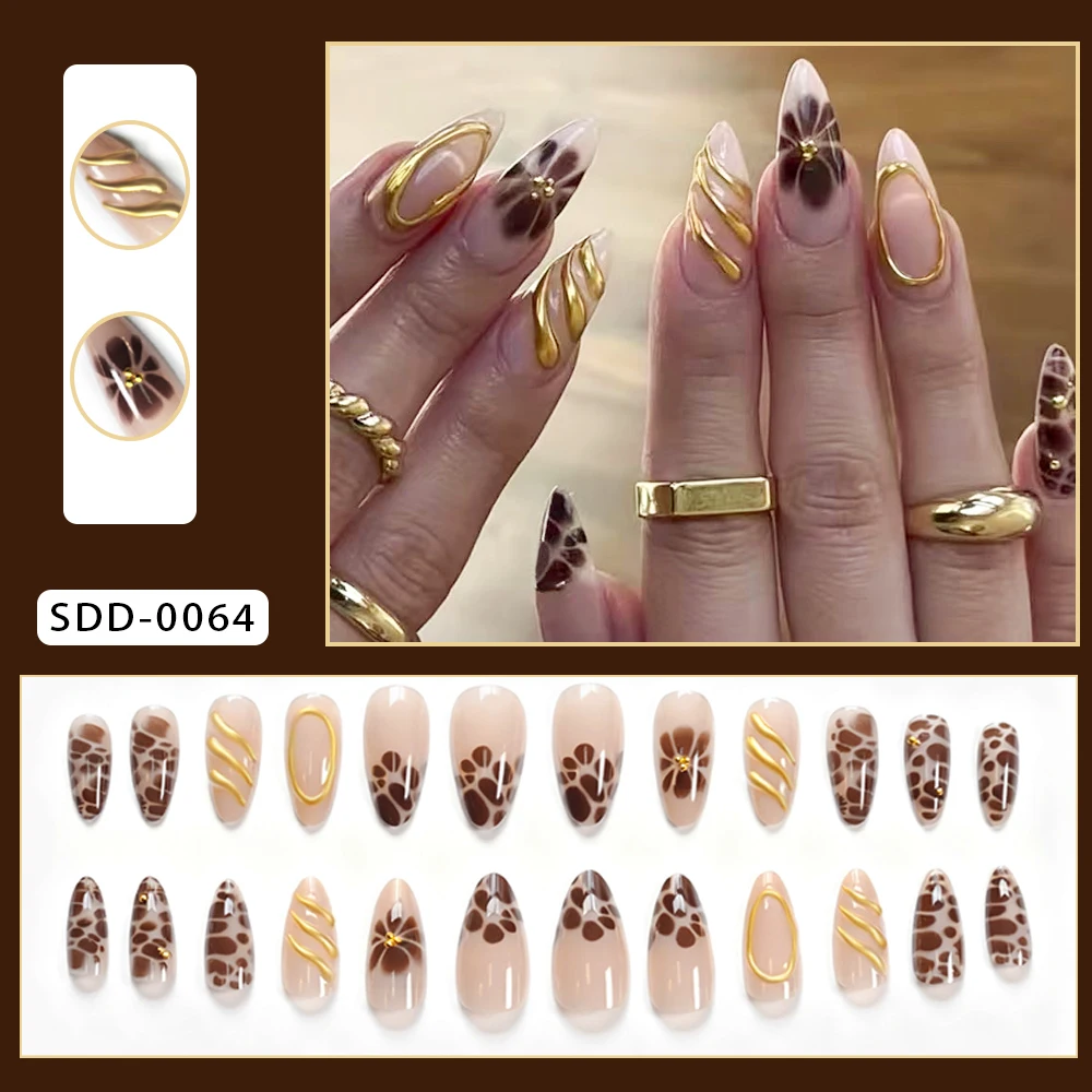 24pcs Luxury Gold Lines Leopard Flowers Fake Nails French Almond Nude Press On Nails with 3D Caviar Beads Wearable False Nailtip