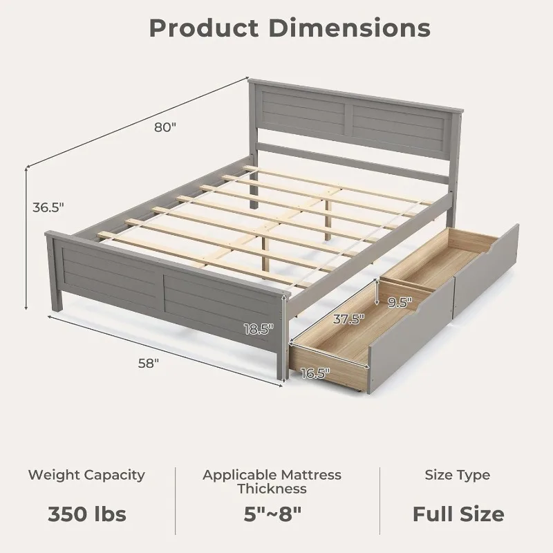 Wood Full Size Bed Frame with 2 Storage Drawers, Solid Wood Platform Bed with Headboard, Wooden Slats Mattress Foundation