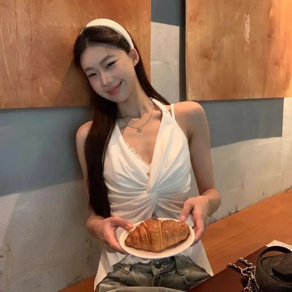 V Neck Lace Patchwork Vest Sleeveless Solid Color Halter Tank Top Summer Fabric Twist Design Spaghetti Straps Top Summer Wear