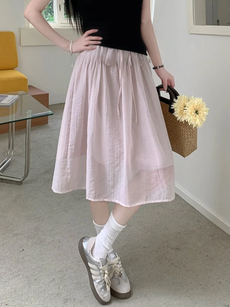 

Soft Style plus Size Women's Skirt with Rope Drawstring And Wooden Mesh A-Line Midi Skirt for Summer Versatile Casual Wear