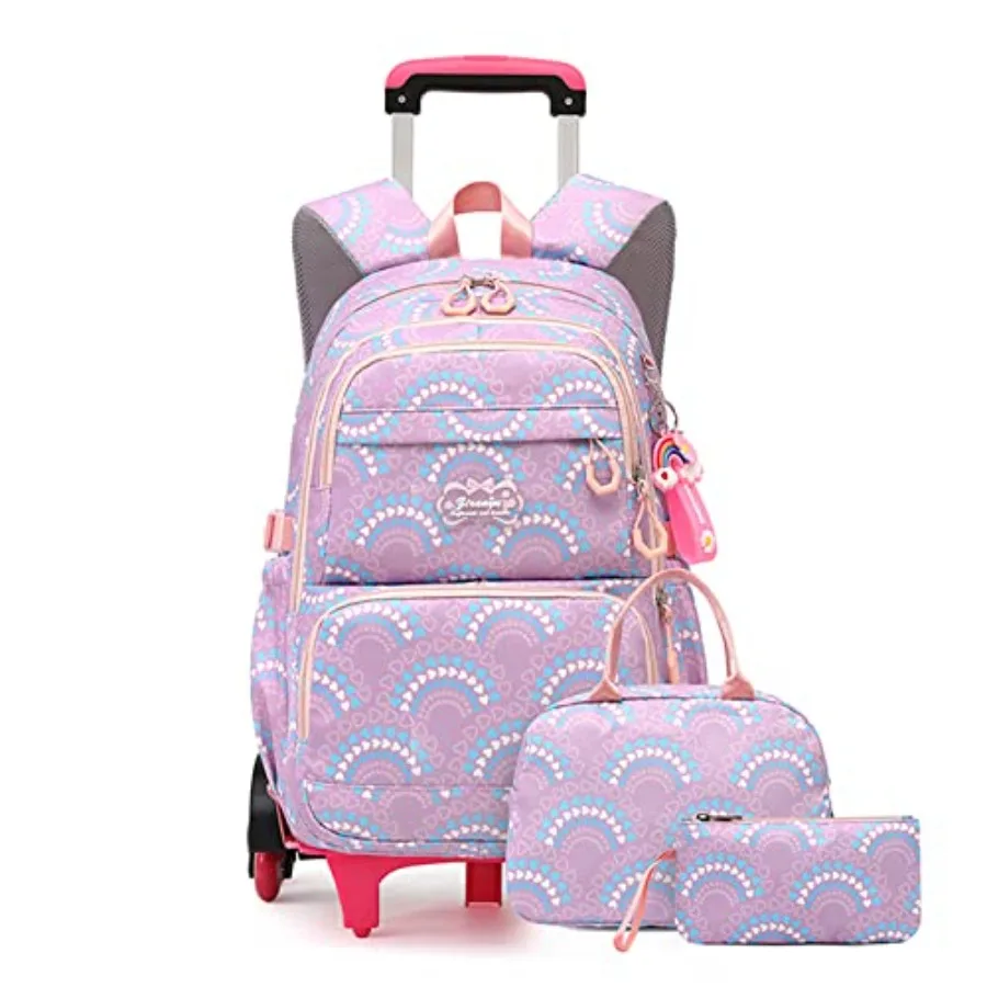 

3PCS Girls Rolling Backpack Elementary Student Schoolbag Travel Trolley Bag Wheeled Bookbag with Lunch Box