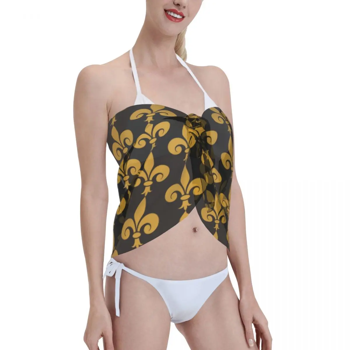 Custom Fleur-de-lis Flower Symbol Beach Bikini Cover Up See-Through Beach Bikini Cover Up Short Skirt Chiffon Scarf Cover Ups