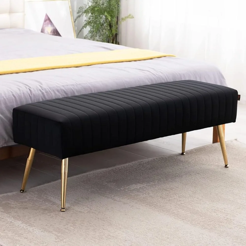 44 Inch Bedroom Ottoman Bench, Black Upholstered End of Bed Bench with Gold Legs for Living Room , Black Ottoman