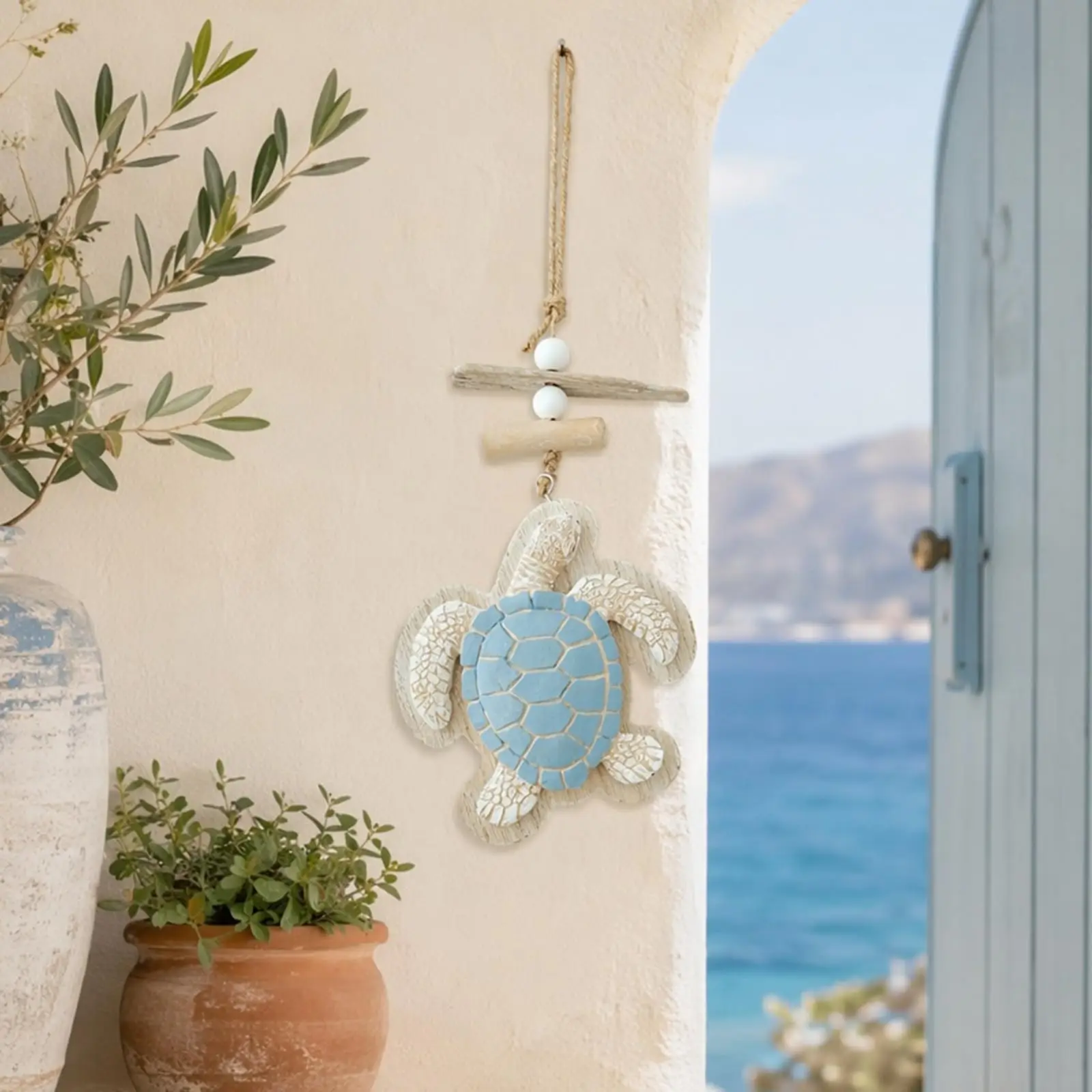 Sea Turtle Wall Ornament Pre-Assembled Coastal Wall Decor Mediterranean Wall Decoration Textured Wood Jute Hanging Decoration