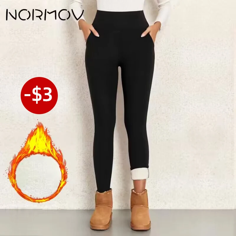 NORMOV-Leggings de lã grossa de cintura alta feminina com bolso, lã, quente, veludo, calças térmicas, inverno