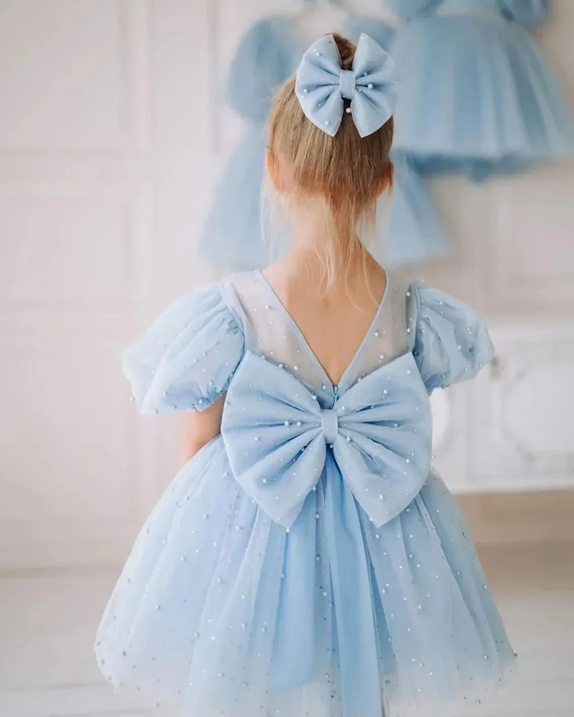 Blue Huge Bow Flower Girl Dresses Full Sleeves Lase Luxury Princess Pageant Dress For Birthday Party Gown First Holy Communion