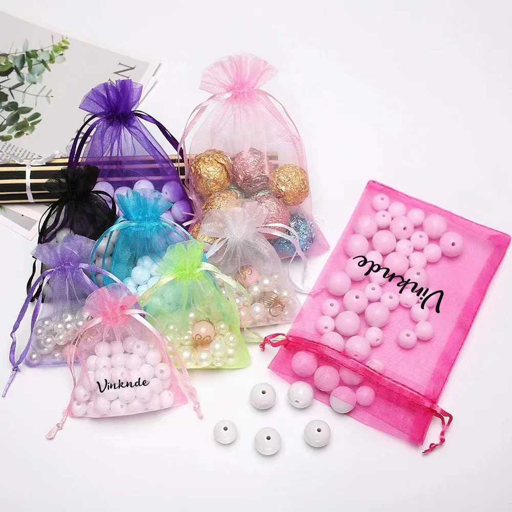 

100Pack Custom Logo 5x7 inches Yellow Organza Mesh Bags Drawstring Gift Jewellry Pouches for Candy Wedding Favors Christmas ﻿