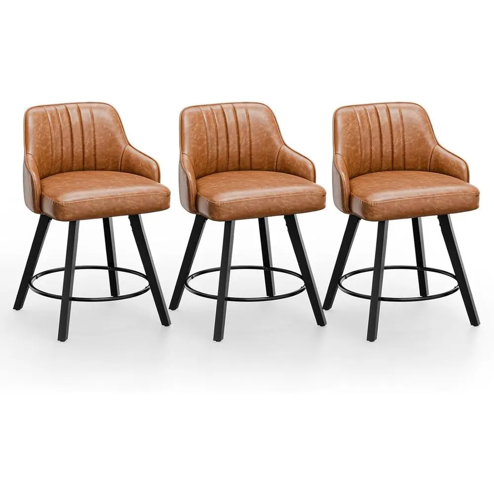 

Set of 3 Brown PU Leather Swivel Bar Stools with Cushion and Solid Wood Legs for Kitchen Counter