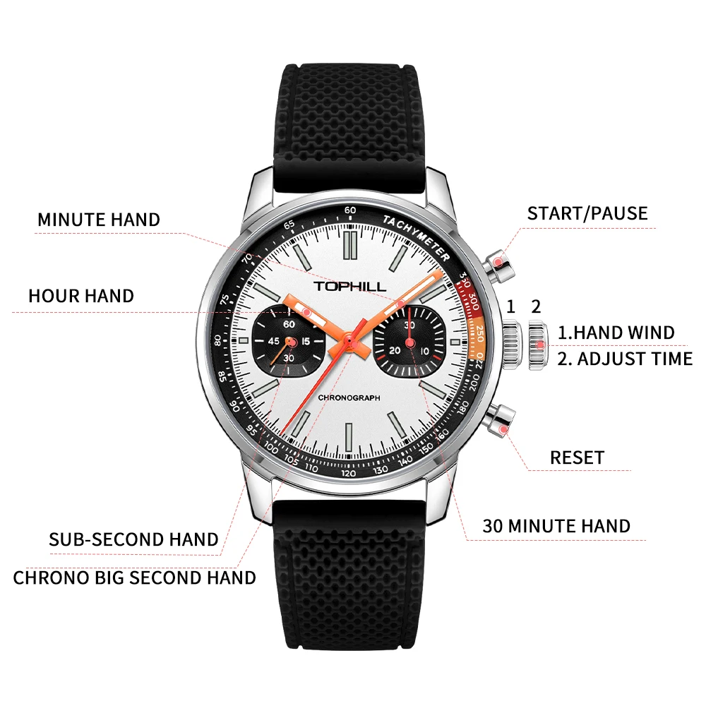 TOPHILL Super Luminous Men\'s 1963 Watch Seagull Movement ST1901 Mechanical Wristwatch China Aviation Chronograph 50M Waterproof