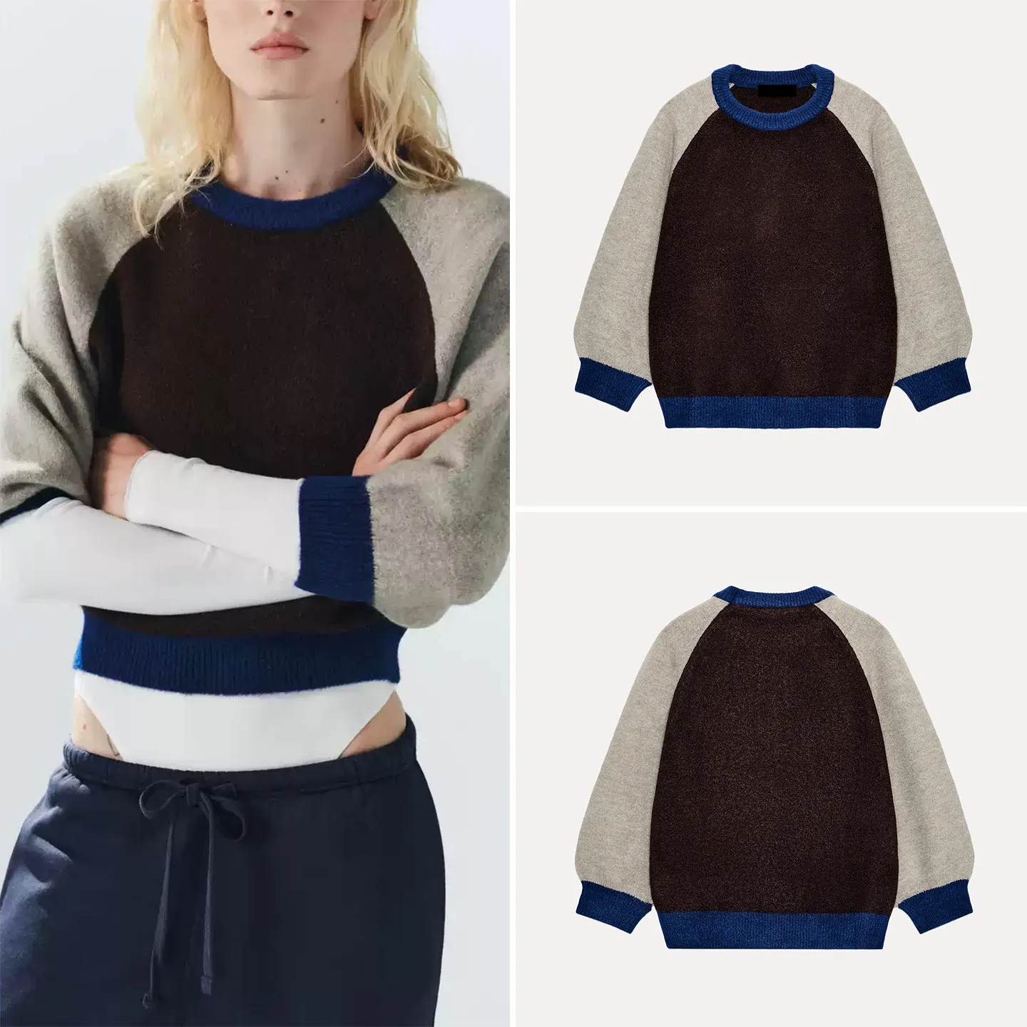 Fashionable round Neck Seven-Quarter Sleeve Color Block Ribbed Knitwear Women's Autumn 2026 New Arrival ZADATA Brand