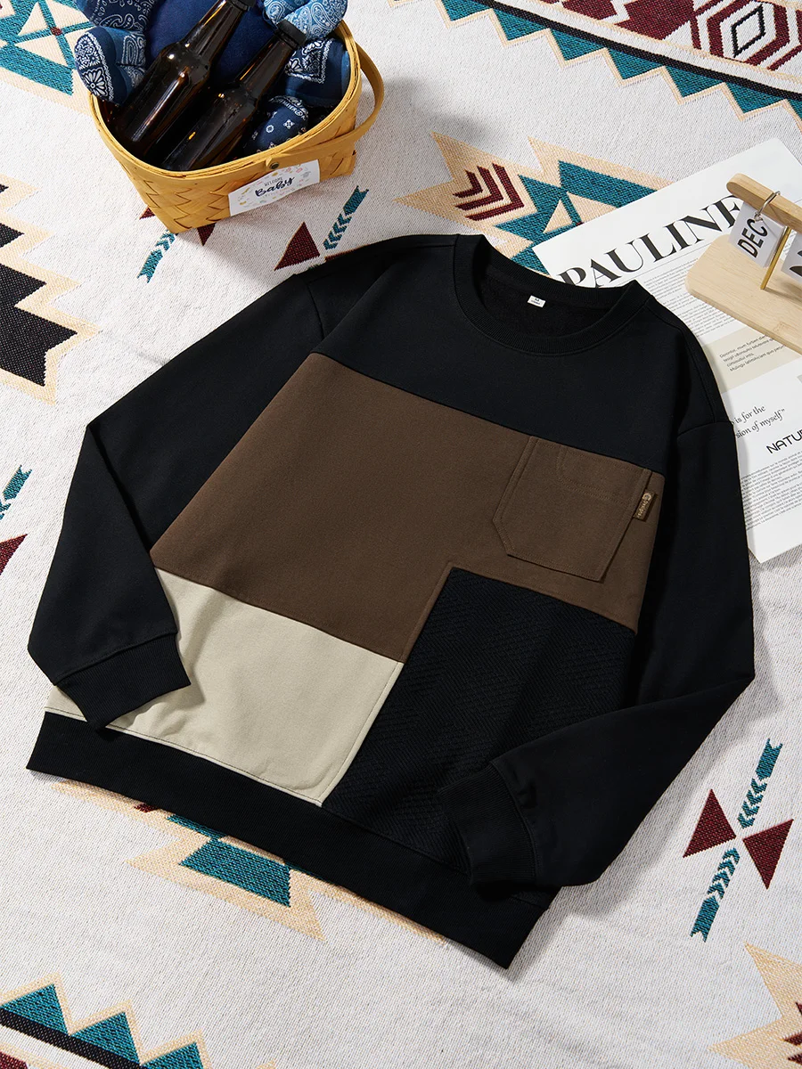 

2025Осенне-зимняя новая стильная тяжелая толстовка с цветными блоками в американском стиле ретро для мужчин, весенне-осенний свободный повседневный топ с круглым вырезом