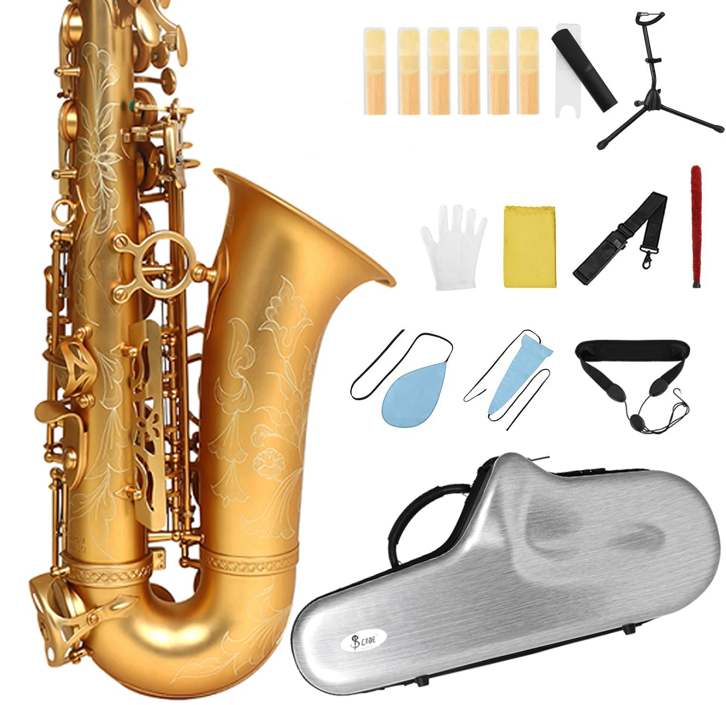 SLADE Alto Saxophone Flat E Tone Brass Tube Body White Shell Button Frosted Saxophone Set with Case Strap Glove Cleaning Cloth