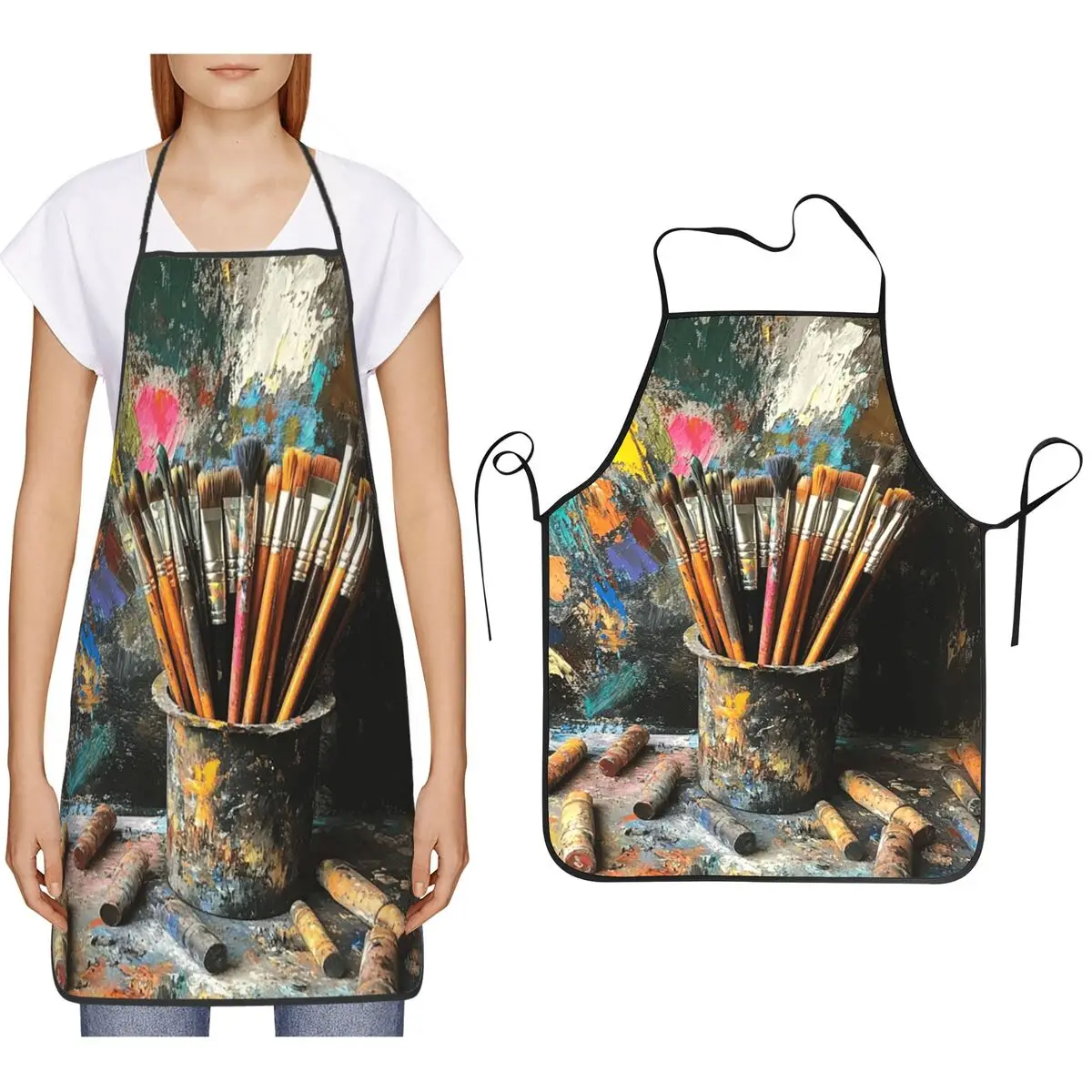 Artistic Paintbrush And Palette Print Aprons Chef Cooking Cuisine Tablier Bib Kitchen Cleaning Pinafore for Women Men Painting
