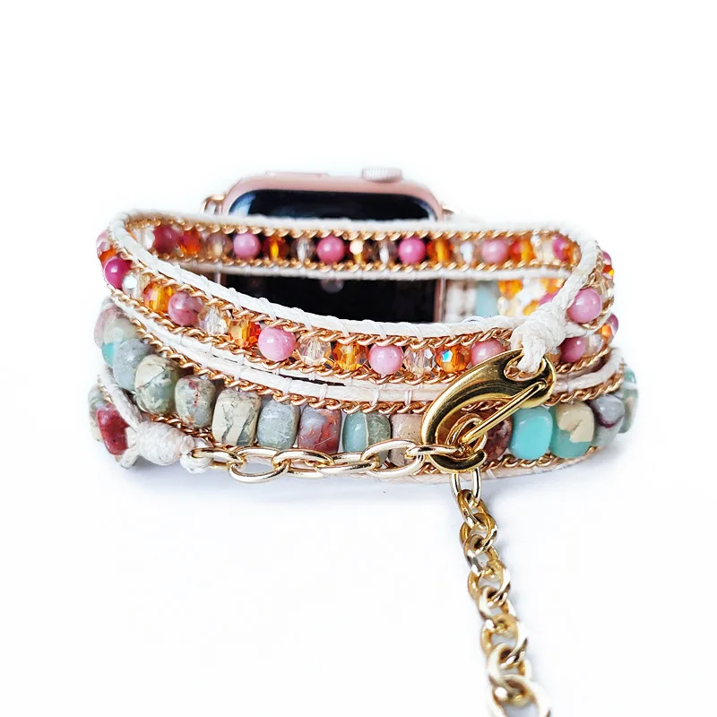 Natural Stone Watch Strap Beige Apple Watch Band Bracelet Crystal Rhodonite Beads Iwatch Smart Watch Watchband 38 40 42 44 45mm