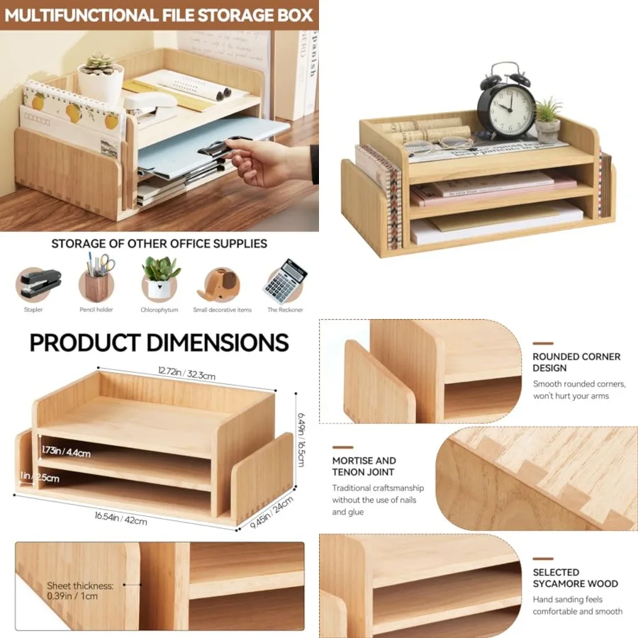 

Wood Desk Organizer 5 Trays, 3-Tier Desktop Document Letter Tray with Side Slots, Fully Assembled Mail Sorter and File Folder H