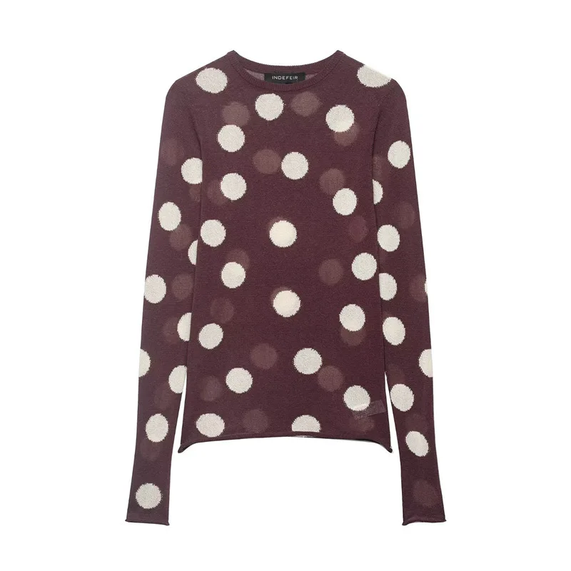 Withered 2026 New Fashionable Temperament Women's Round Neck Polka Dot Casual Knitted Sweater Top