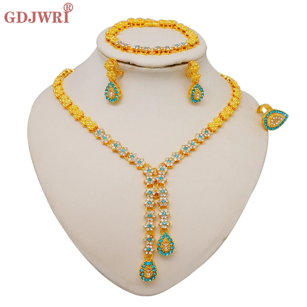 Dubai Gold Color Plated Jewelry Set Italian Rhinestone Tassels Necklace Earrings Sets For Women Bride Party Jewelry Accessories