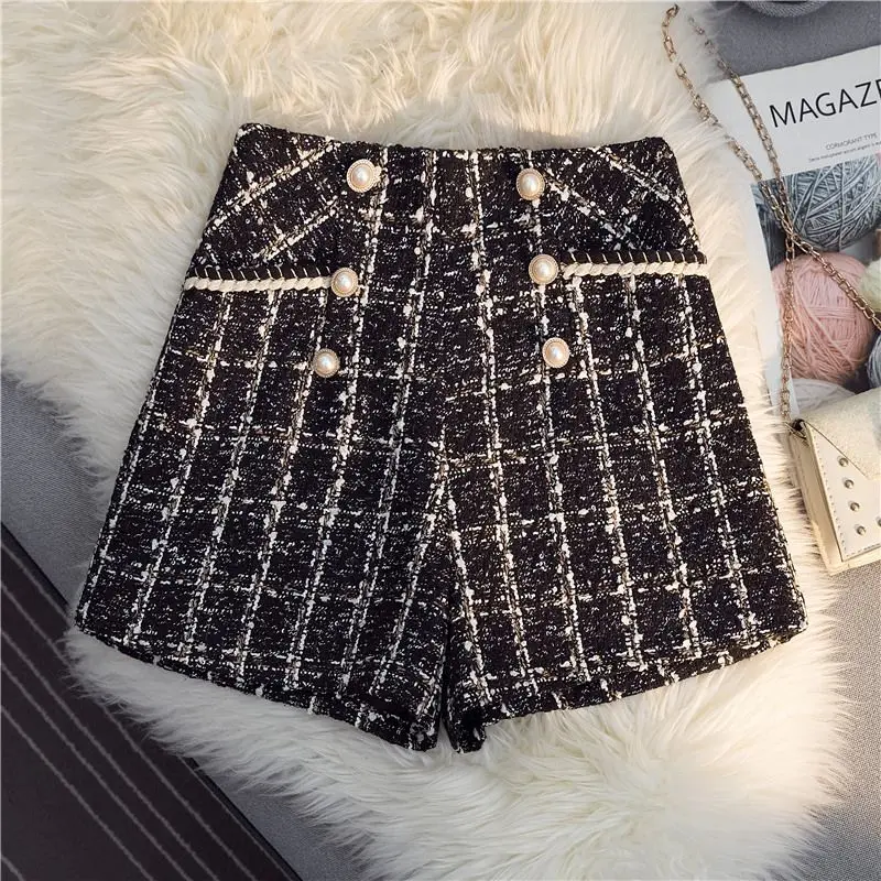 Pantaloncini di tweed da donna scozzesi vintage Primavera a vita alta Office Lady Pantaloni casual A Line Y2K Harajuku Pantaloncini a gamba larga