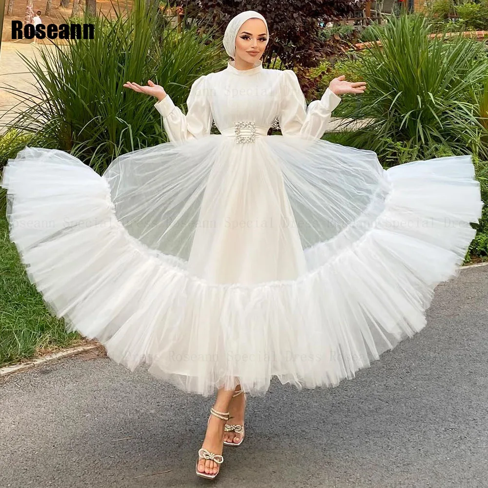 Robes de mariée A-Line à col haut en tulle drapé, robe de mariée pleine longueur, plis exquis, musulman, nouveau, 2024