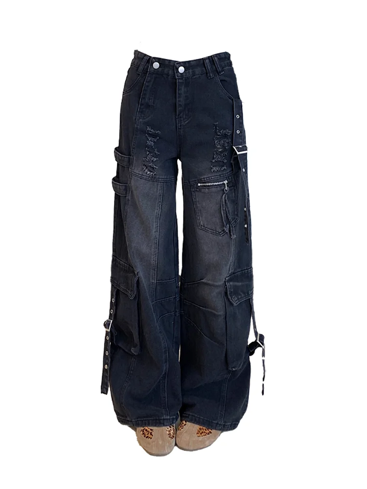 

Женские черные мешковатые джинсы-карго Y2K American High Street Harajuku, эстетический винтажный дизайн, широкие джинсы, брюки, одежда 2025