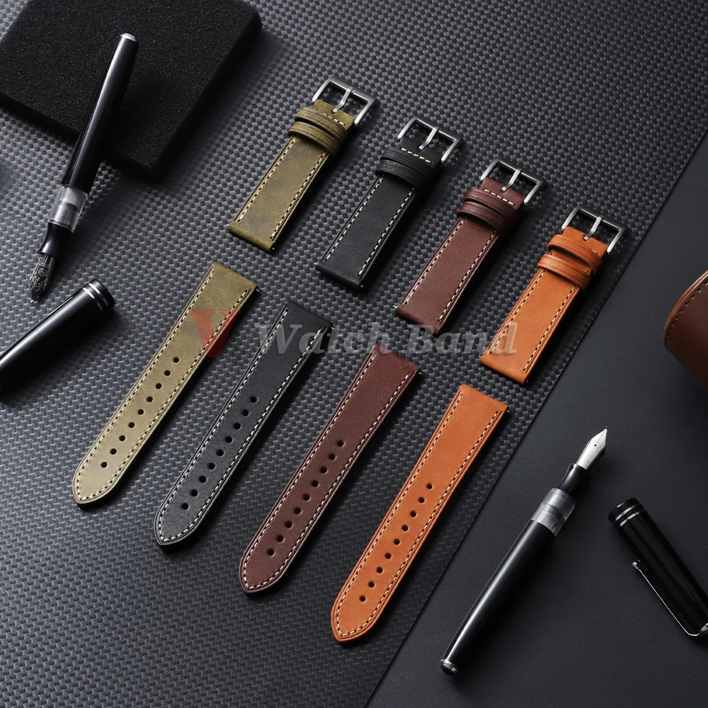 Universal Oil Wax Genuine Leather Watchband 22MM 20MM 18MM for Men Strap for Samsung for Seiko for Omega Watch Vintage Soft Band