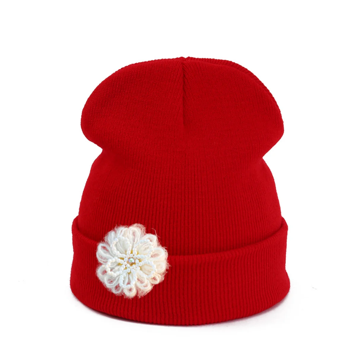 女性用、秋・冬に最適な、手作りの立体的な花の装飾が施された、 - Beanie Cuffed Knit のレビューと価格