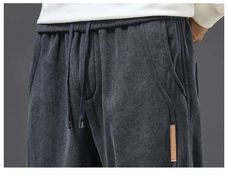 Winter Warme Fleece-Gefütterte Herren-Cordhose, Weite Gerade Hose mit Kordelzug und Elastischem Bund, Streetwear Braune Freizeithose für Männer – Detail 14