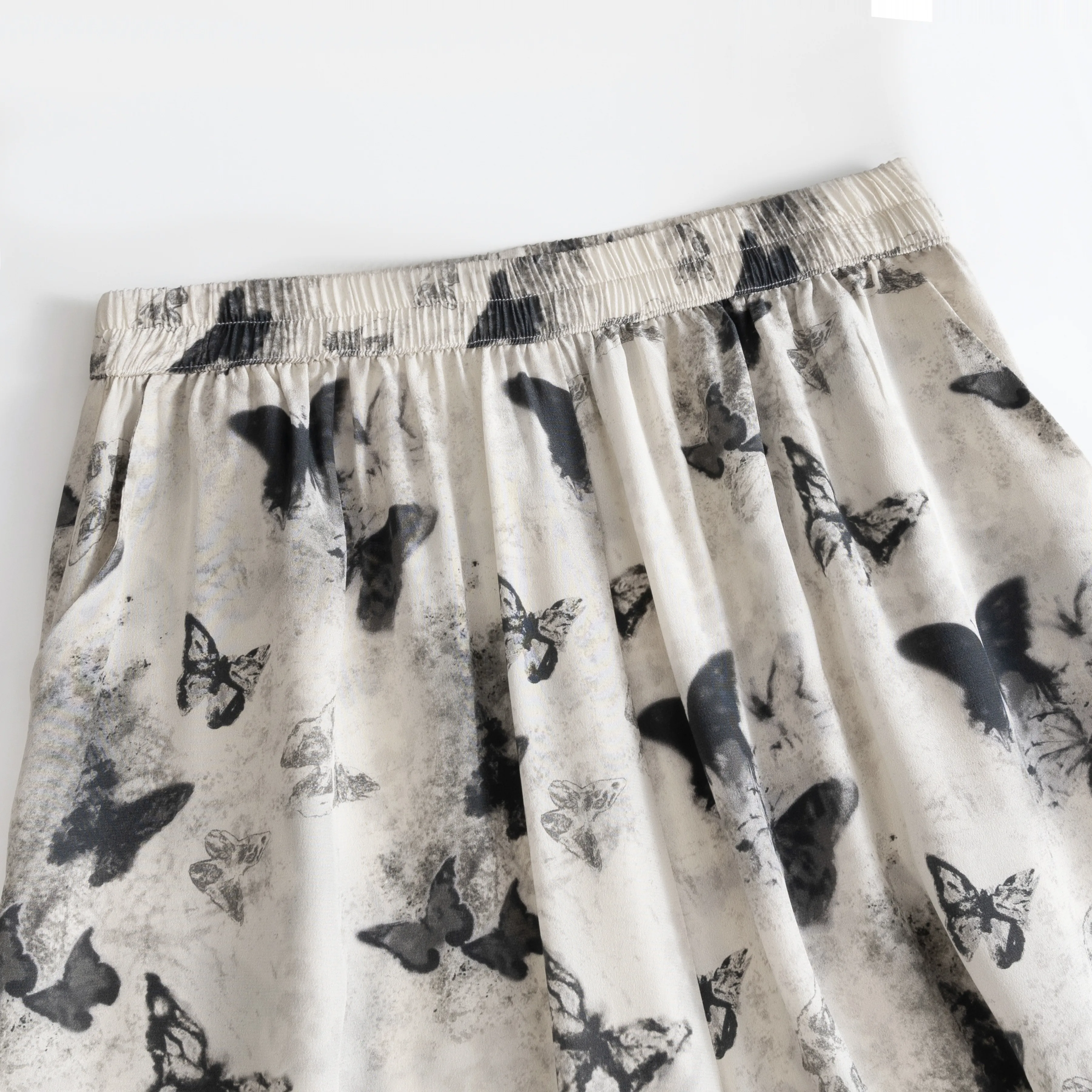 2025 Summer New Butterfly Printed 100% Natural Mulberry Silk 03 Crepe De Chine Versatile Casual Women's Wide Leg Pants