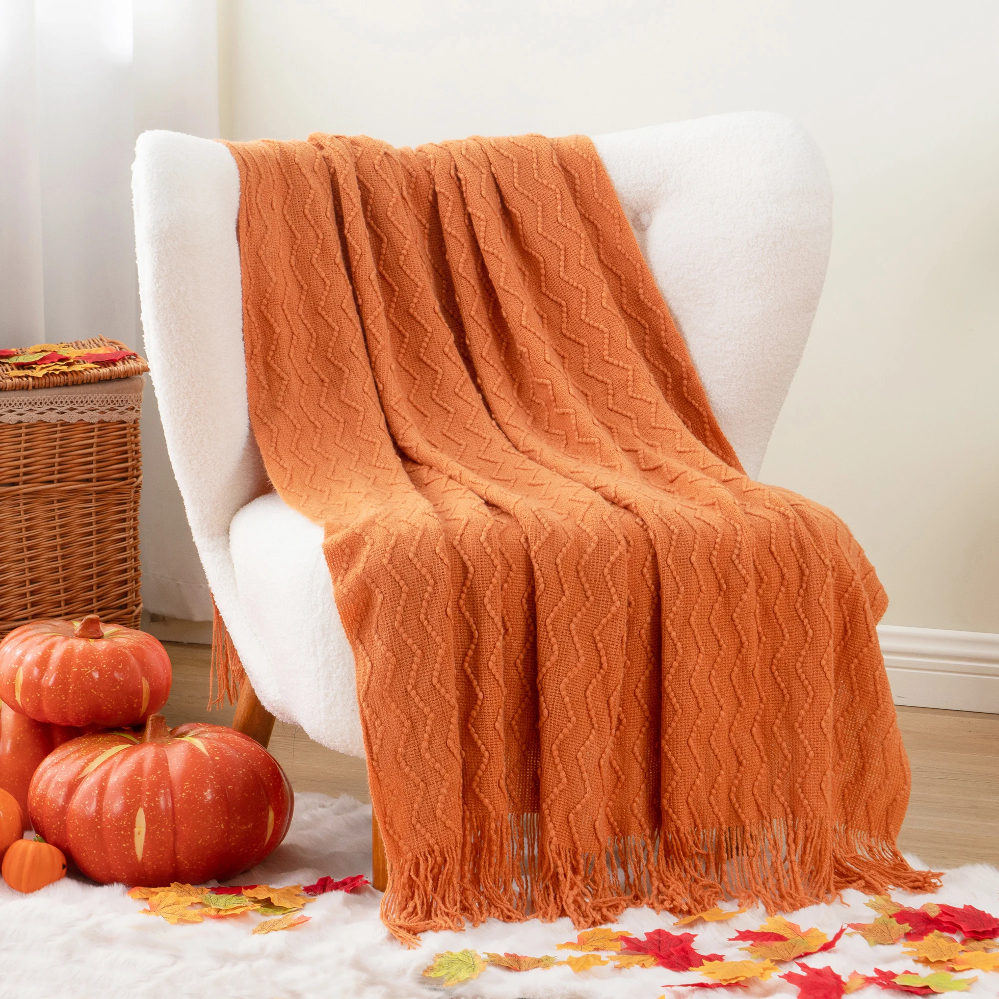 Battilo Burnt Orange Throw Blanket Lightweight Knitted Plaid Sofa Blanket with Tassels for Bed Decorative Fall Home Decor