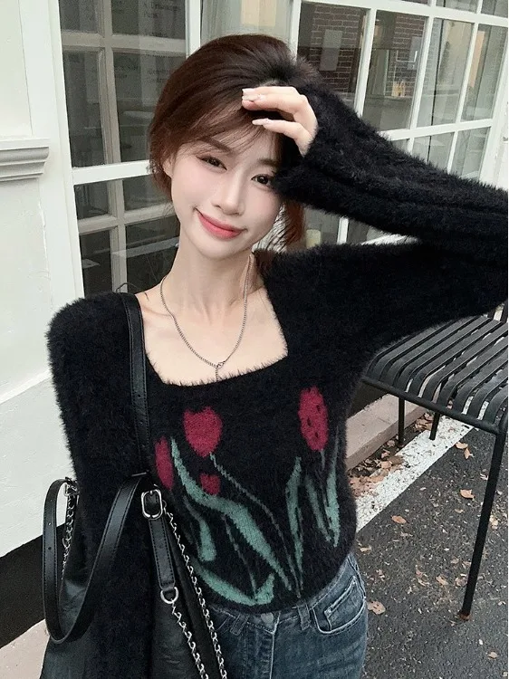 

Bla Cool Sle Bell Sve вязаный свитер женский осень-зима новый ор трикотаж из искусственного меха с квадратным воротником и вышивкой